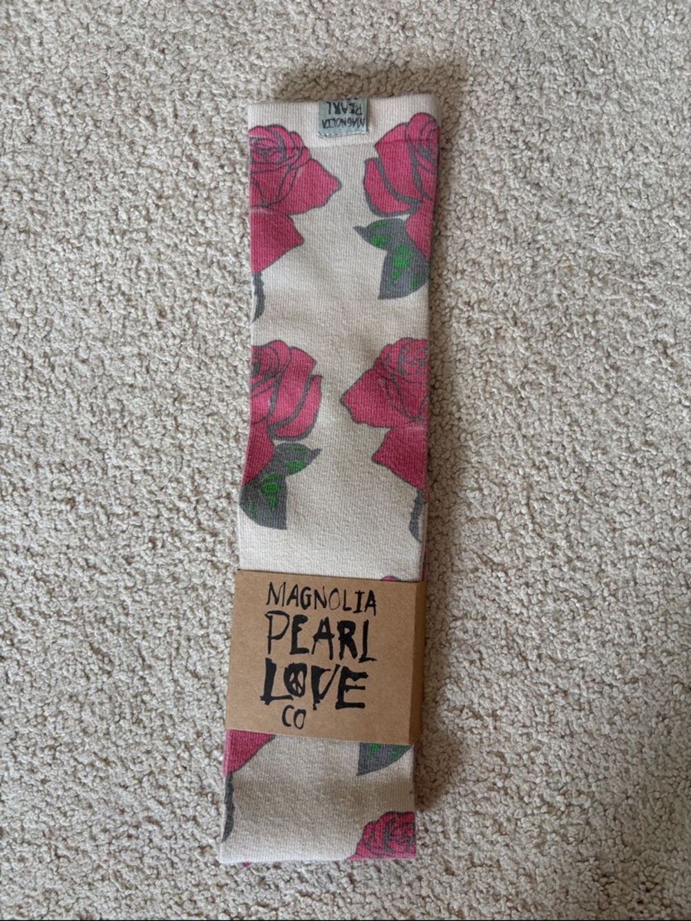 Magnolia Pearl Cream Floral Knee-High Socks - Pink & Green Rose Print - Picture 2 of 7